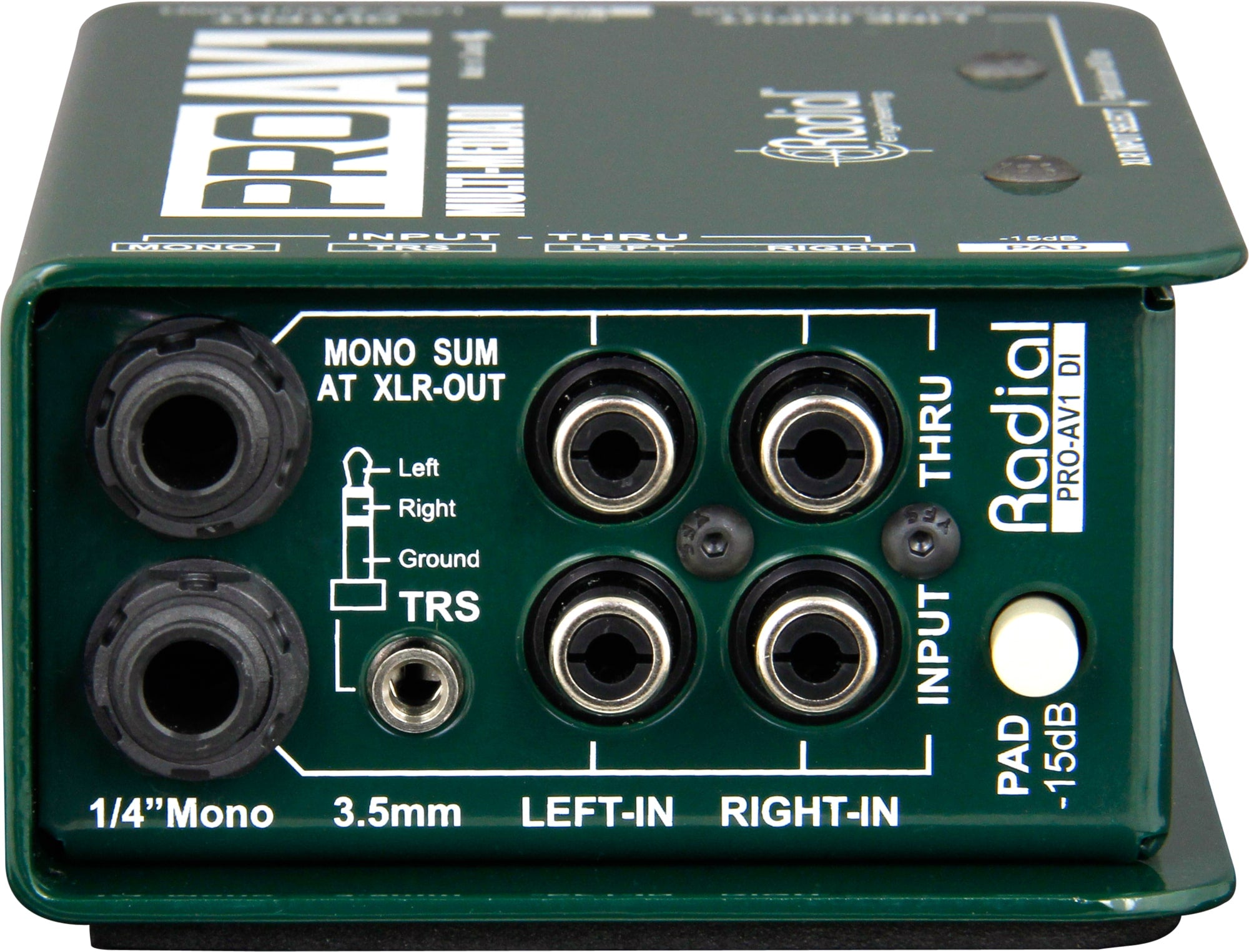 Radial Engineering PROAV1 DI box showcasing front view with input and output jacks for professional audio applications