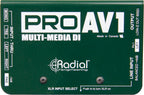 Radial Engineering PROAV1 DI box showing top view with input and output jacks for professional audio connection.