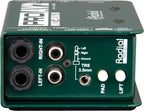 Radial Engineering PROAV2 DI box shown from the front, featuring input and output jacks on a sturdy metal chassis.