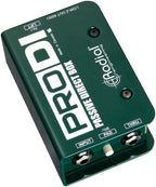 Radial Engineering ProDI DI box with input and output connections, compact design, and durable metal construction for audio signal distribution.