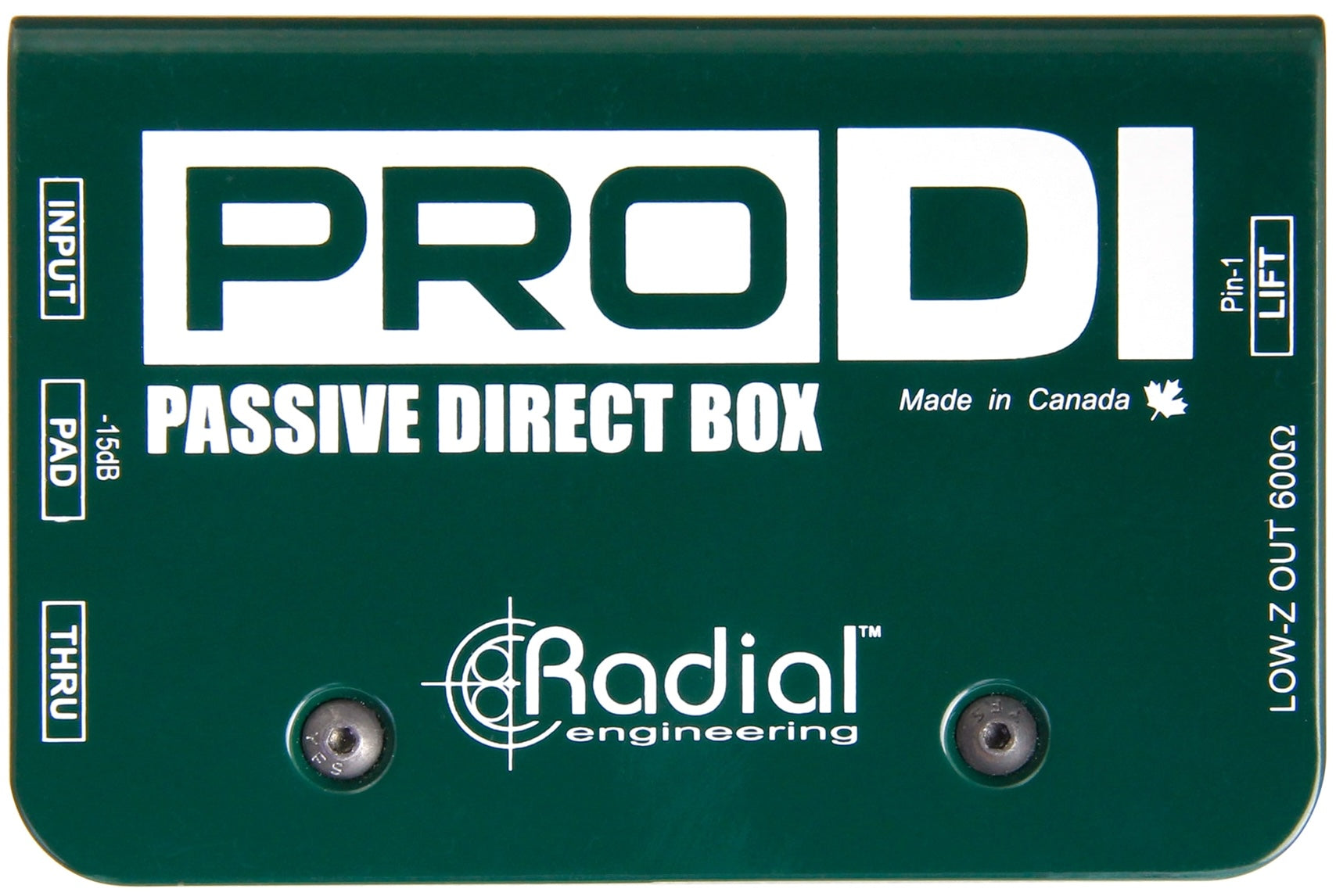 Radial Engineering ProDI DI box with top view showing input and output jacks for professional audio signal conversion.