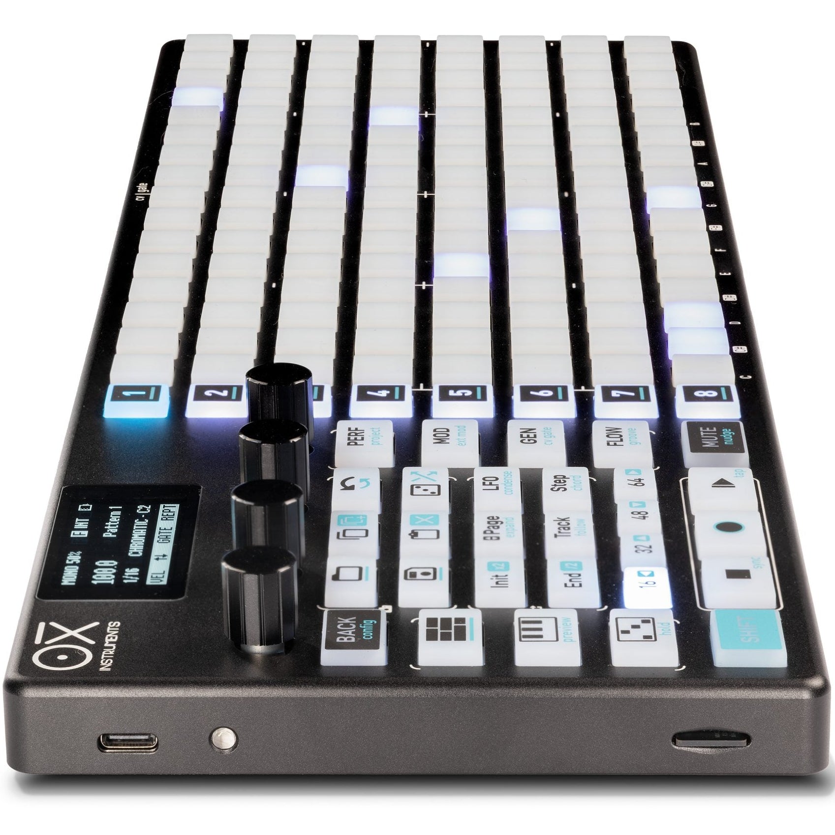 OXI Instruments One MKII Nostalgia sequencer with vintage-inspired interface and multiple control knobs, set against a dark background.