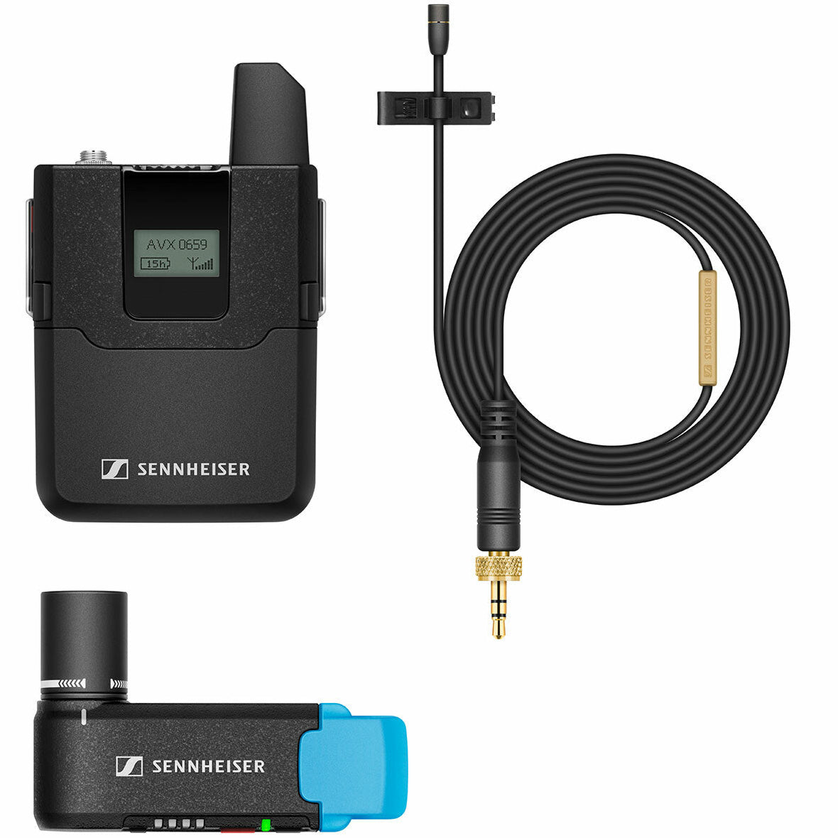 Sennheiser AVX-MKE2 set professional wireless microphone system with lavalier microphone and receiver, shown in a detailed product shot