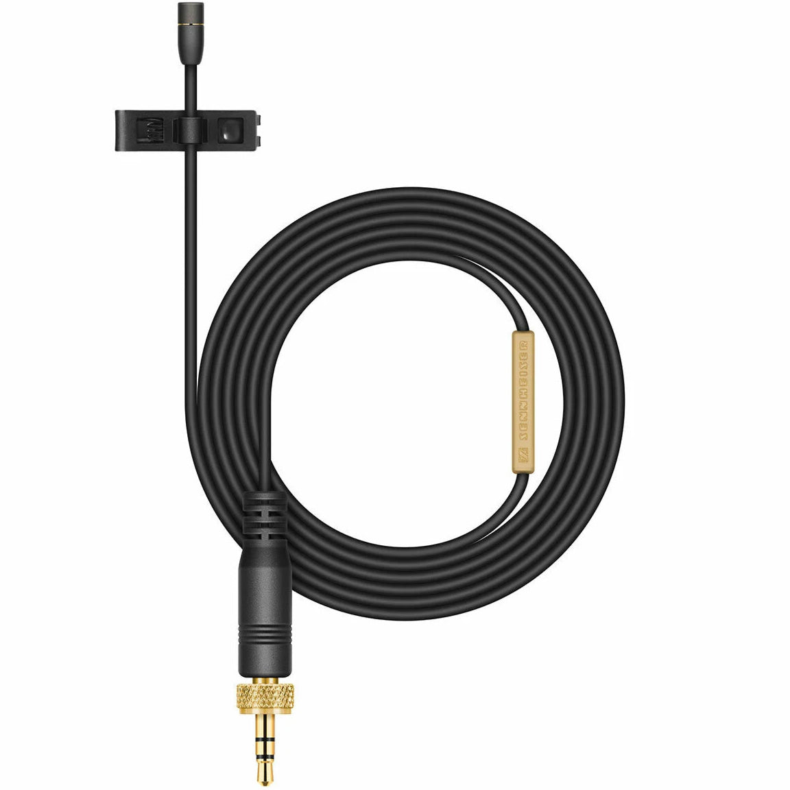 Sennheiser AVX-MKE2 professional wireless microphone system with lavalier mic, shown in a detailed product shot.