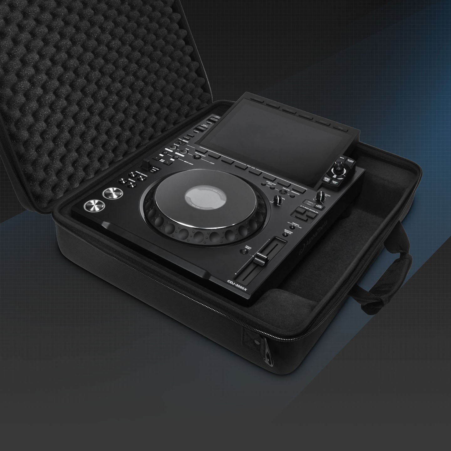 Black AlphaTheta DJC-3000X DJ hard case with padded interior designed for CDJ-3000X media players.