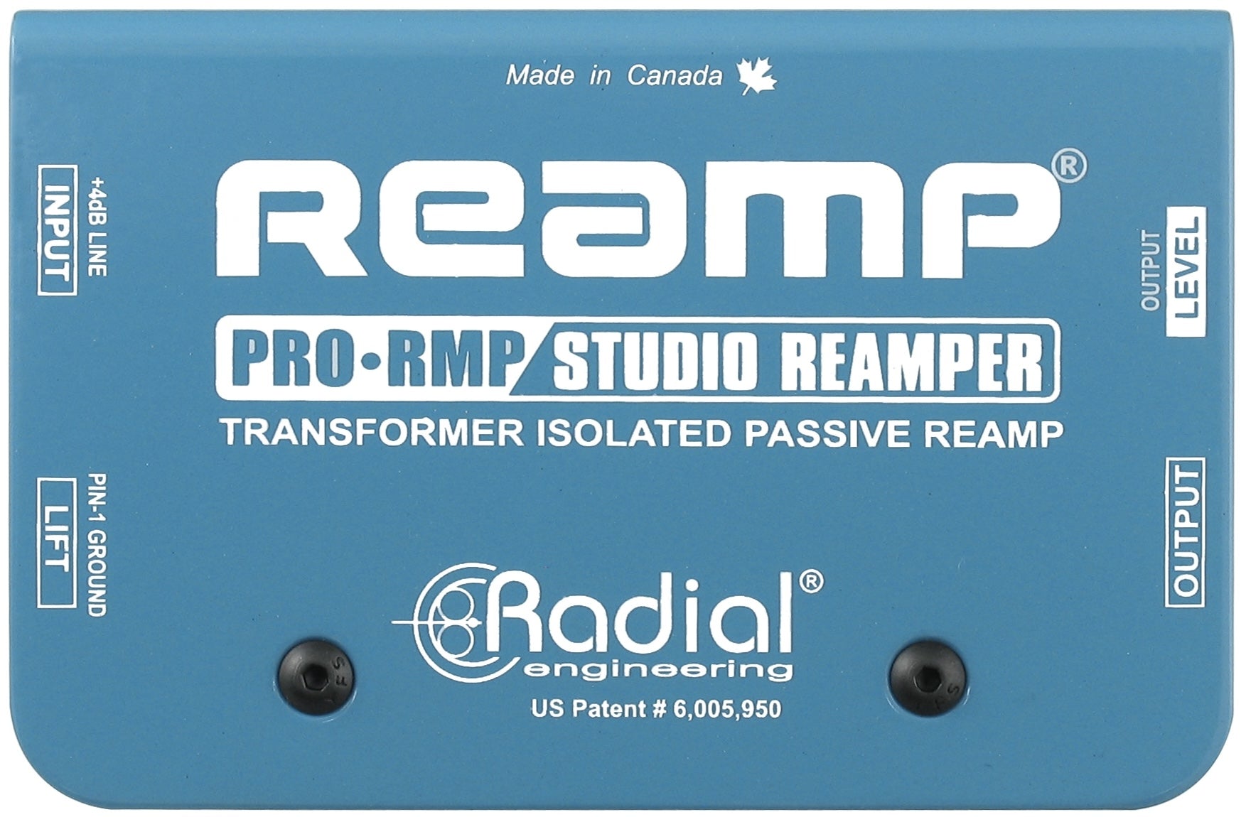 Radial Engineering ProRMP DI box with top view showing input and output jacks, compact professional audio equipment for instrument connection.