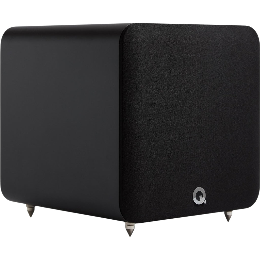 Q Acoustics Q SUB80 subwoofer with sleek black design and front-firing speaker for enhanced bass in home audio systems.