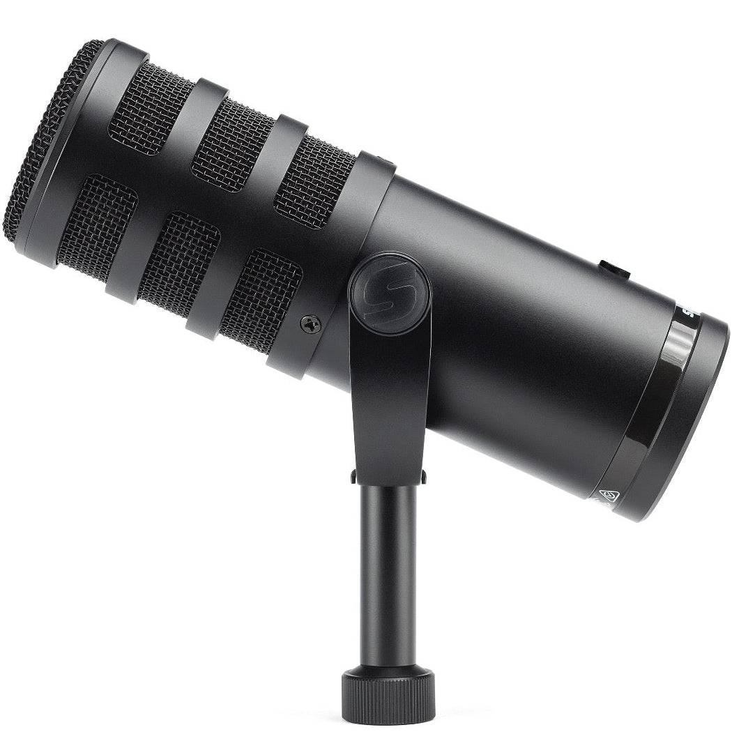 Samson Q9U dynamic microphone with rugged design, shown with XLR connection and built-in handle for professional audio recording.