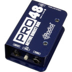 Radial Engineering Pro48 DI box with rugged metal casing and XLR connectors, used for professional audio signal processing.