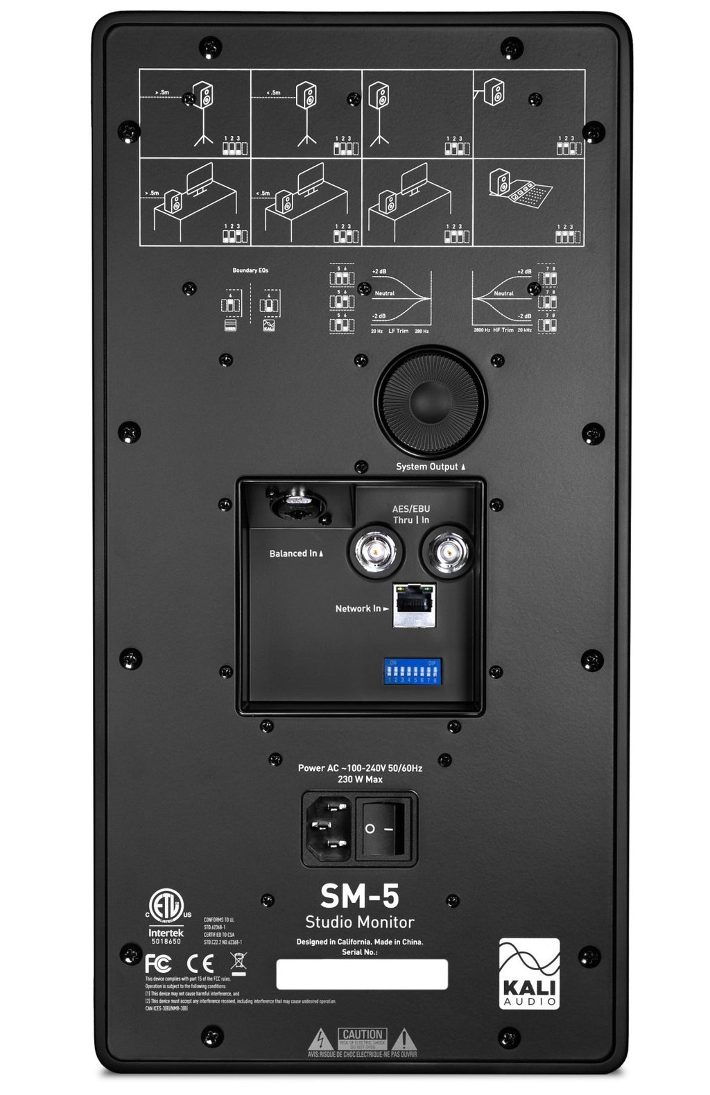 Rear view of Kali Audio SM-5 active nearfield monitors showing input connections and rear panel controls.