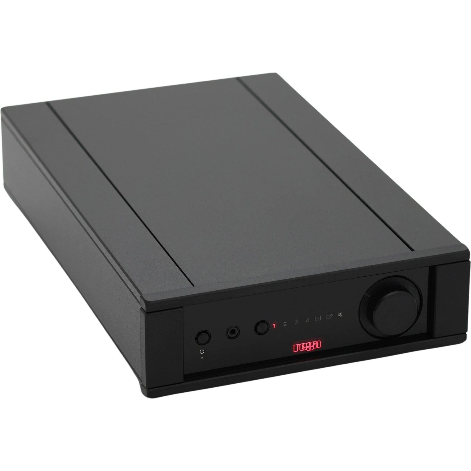 Rega Brio MK7 phono preamp with sleek black design and control knobs, showcasing high-quality audio equipment for vinyl enthusiasts.