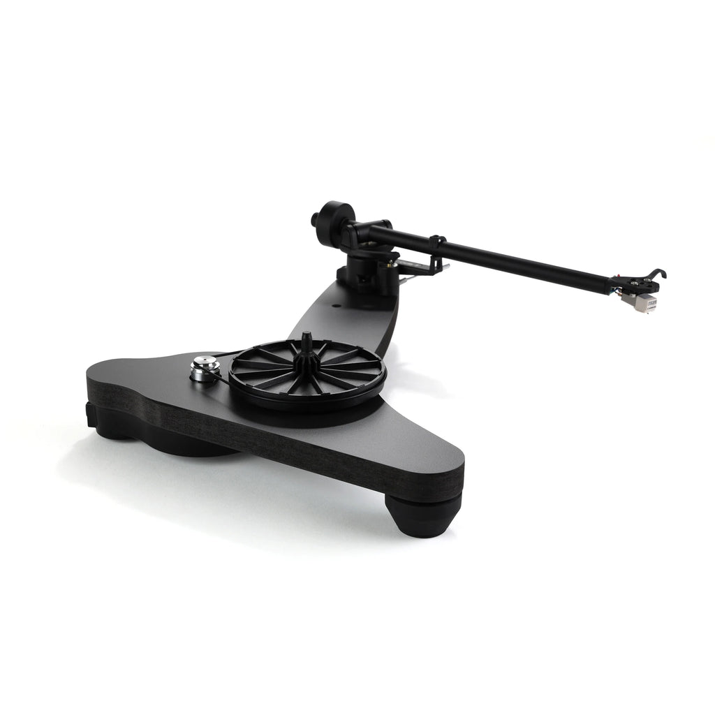 Rega Replay turntable with the platter removed showing the skeletal plinth and belt drive