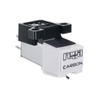 Rega Carbon MM phono cartridge mounted on turntable tonearm, showing detailed view of the Rega brand cartridge.