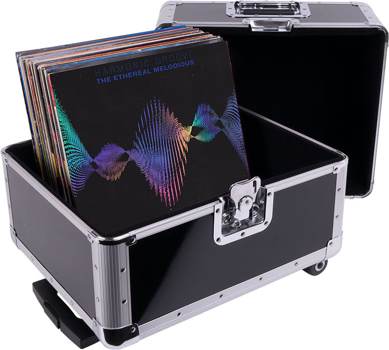 Reloop 120 Trolley Record Case for DJ records, featuring sturdy handles and wheels for easy transport and protection.