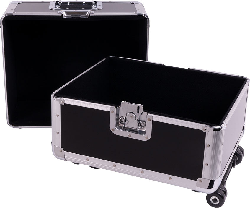 Reloop 120 Trolley DJ record case with sturdy handle and wheels, designed for storing and transporting vinyl records.