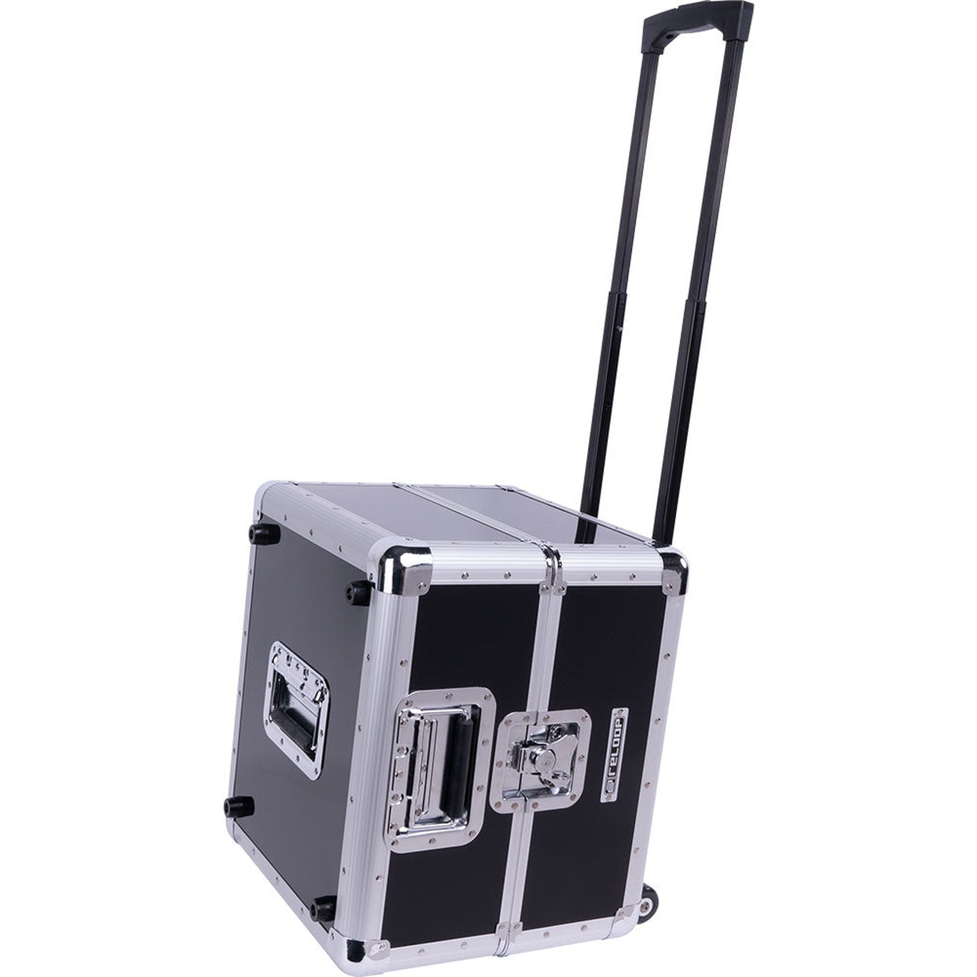 Black Reloop 120 Trolley Record Case for DJ records, featuring sturdy wheels and handles for easy transport of vinyl records.