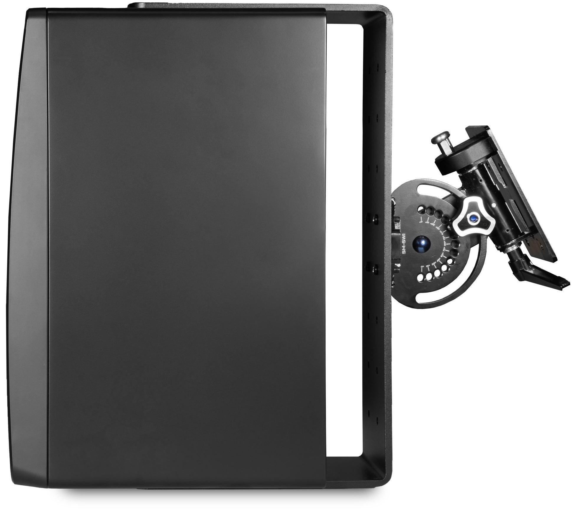 Kali Audio SM-5 active nearfield monitor speaker with triad mount, shown from the right side with mounting hardware.