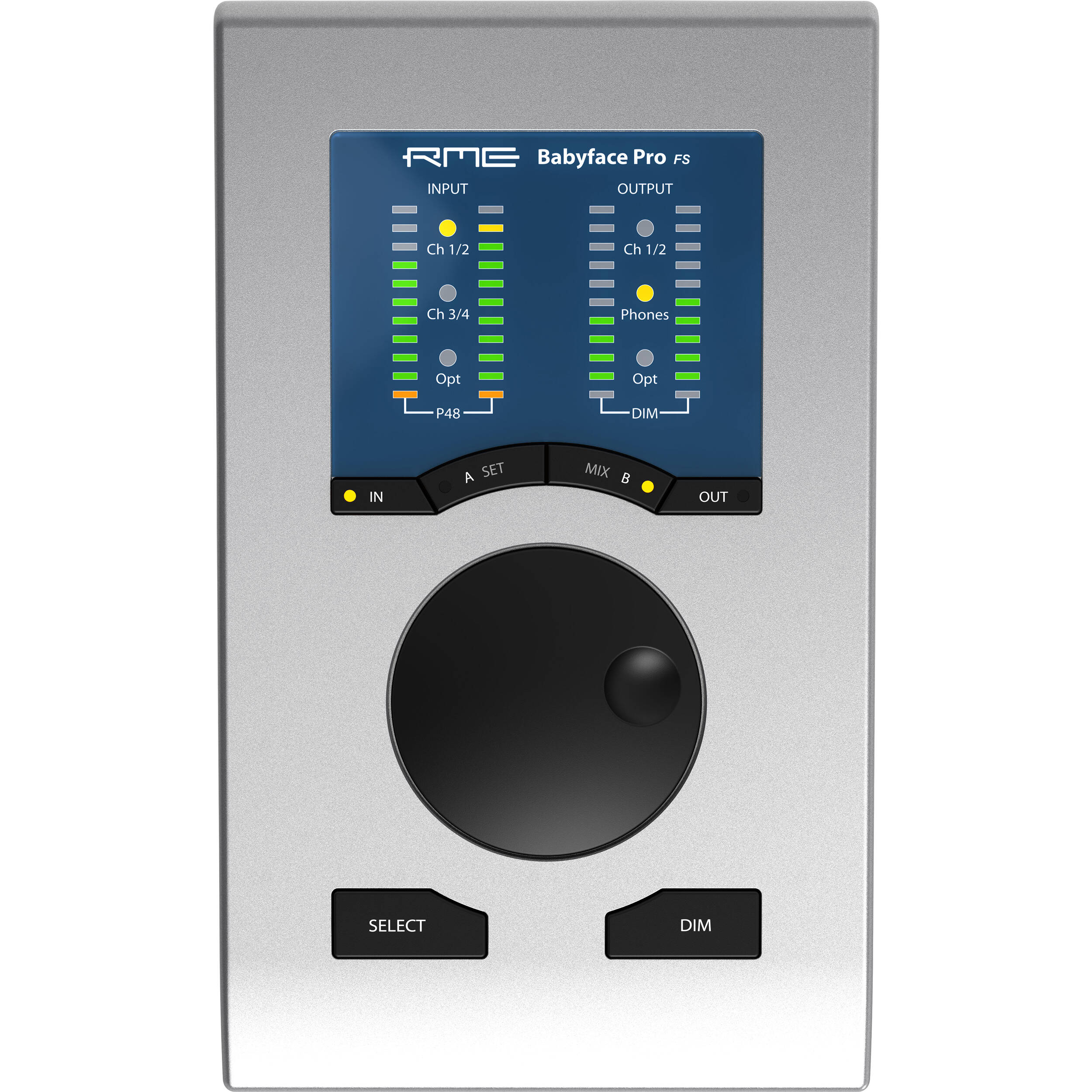 RME Babyface Pro FS audio interface, front view in black