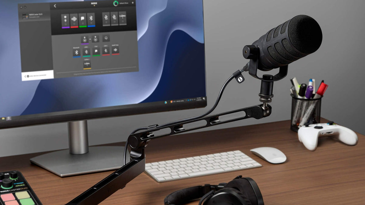 Rode LPA1 broadcast arm on a creator desk