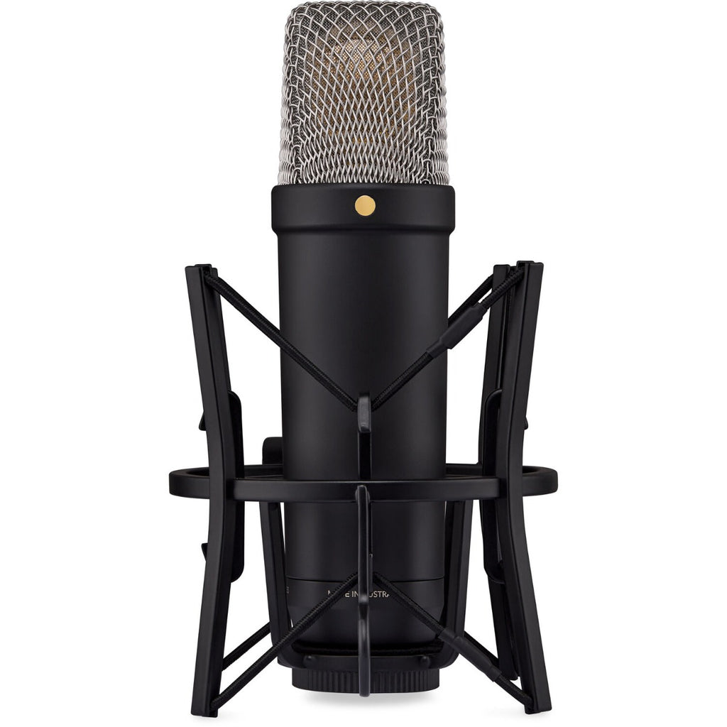 Rode NT1 GEN5 condenser microphone, black in shock mount, front