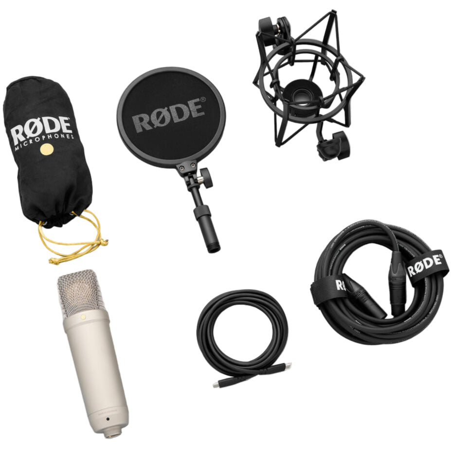 Rode NT1 GEN5 condenser microphone, box contents with shock mount, pop filter and cable