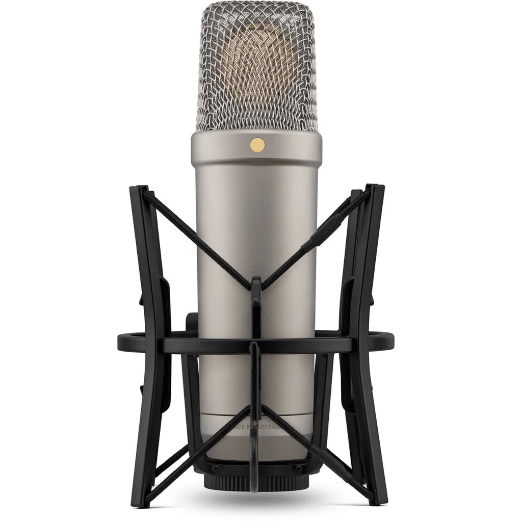 Rode NT1 GEN5 condenser microphone, silver in shock mount, front