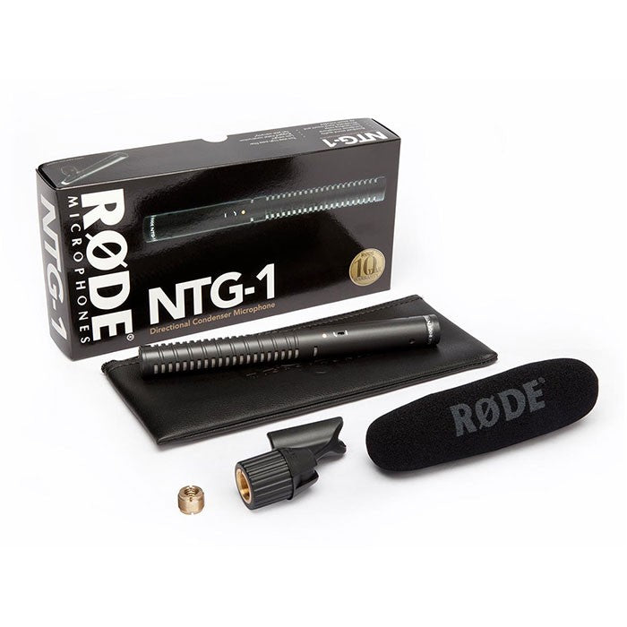 Rode NTG1 shotgun microphone with sleek design and adjustable features on a white background.
