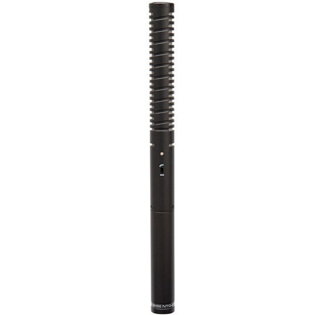 Rode NTG2 shotgun microphone mounted on a boom pole, professional audio recording equipment for clear sound capture.