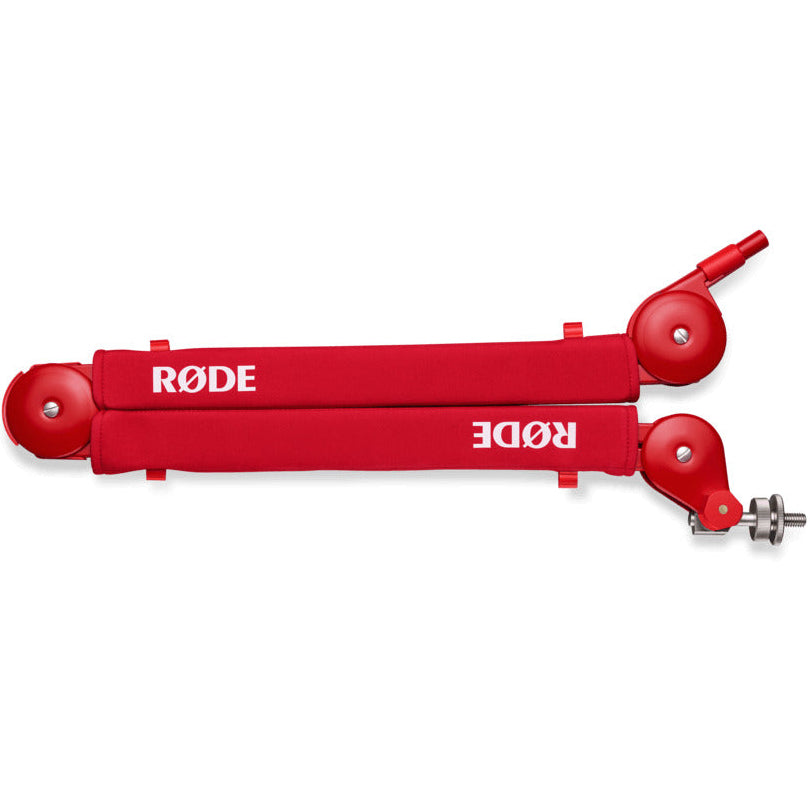 Rode PSA1+ microphone boom arm, in red, lifestyle setting