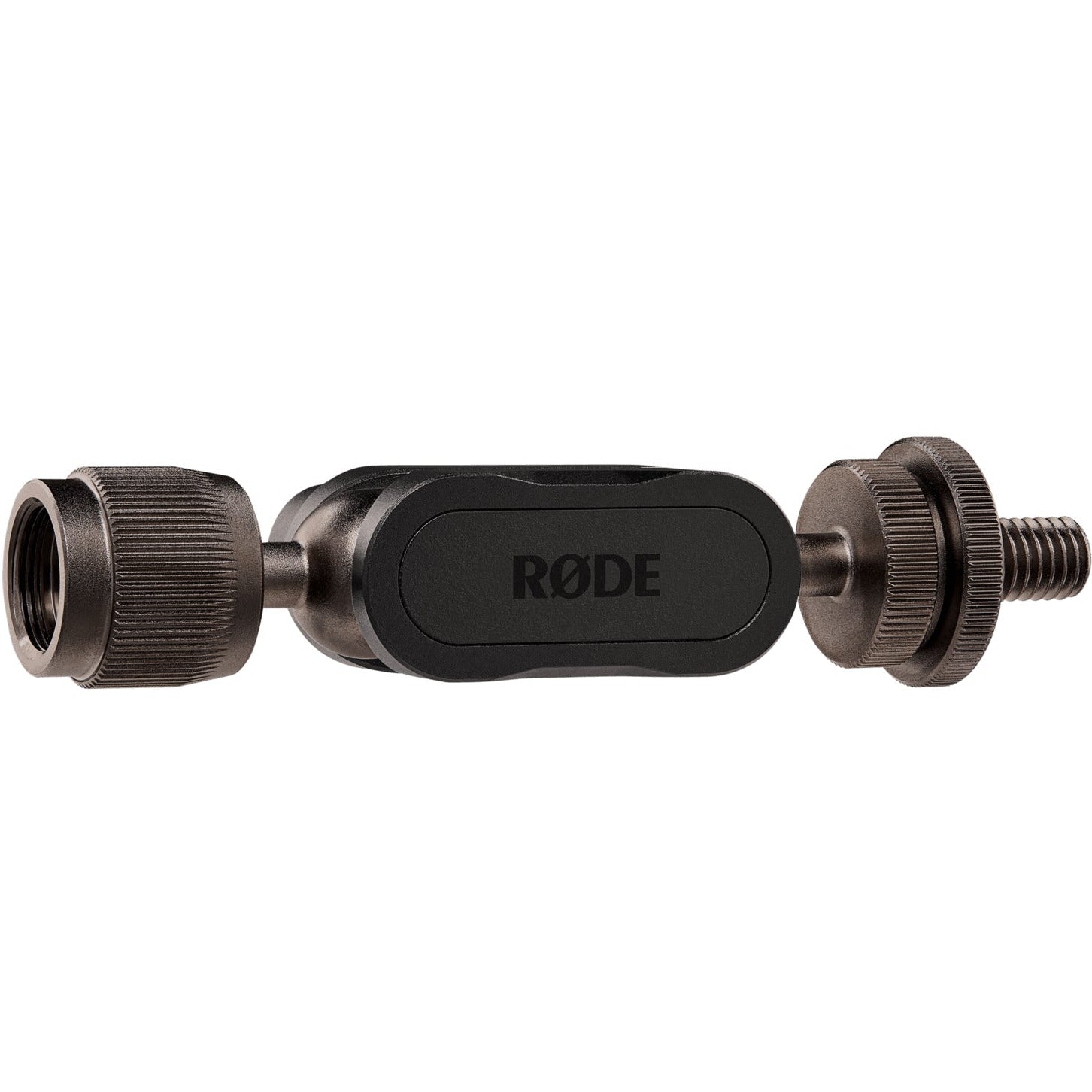 Rode Universal Ball Mount for microphone shock mounts, shown from three-quarter-left angle, with adjustable ball joint and mounting hardware