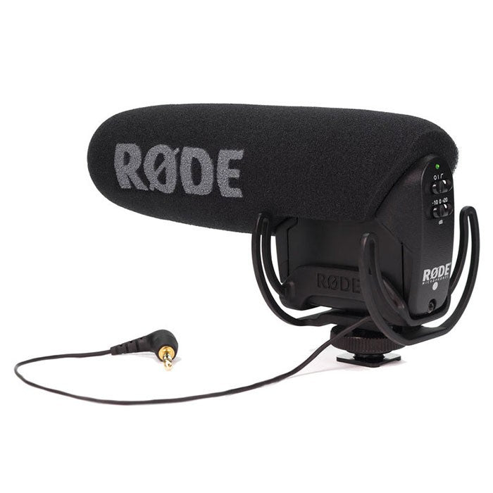 Rode VideoMic Pro Rycote camera microphone mounted on a camera, capturing professional audio for videos.