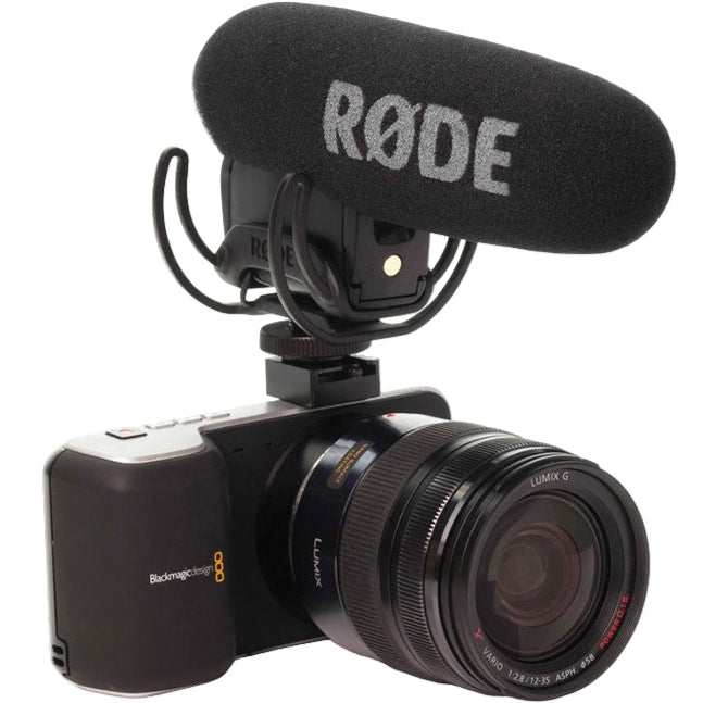 Rode VideoMic Pro Rycote camera microphone mounted on a camera rig for high-quality audio recording.