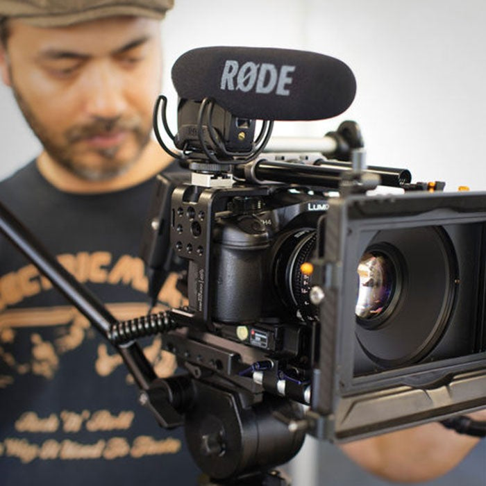 Rode VideoMic Pro Rycote camera microphone with shock mount and windshield for high-quality audio recording.