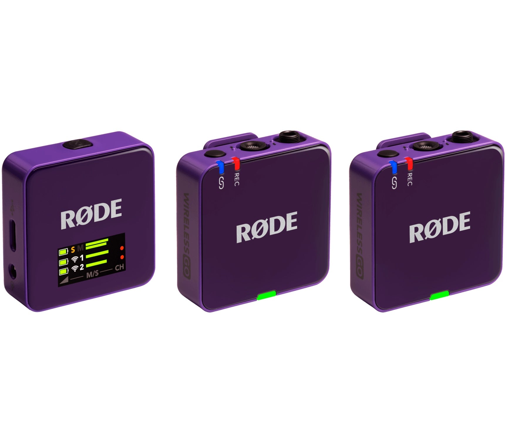 Rode Wireless GO 3 wireless microphone system with purple front view showing compact transmitter and receiver units.