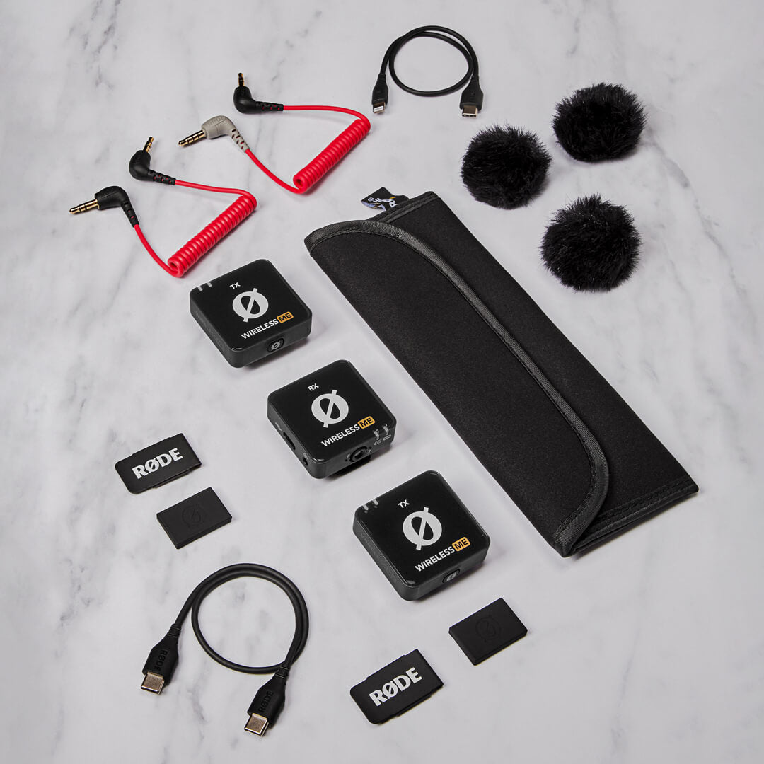 Rode Wireless ME Dual creator wireless microphone system in black, with two compact microphones and receiver.