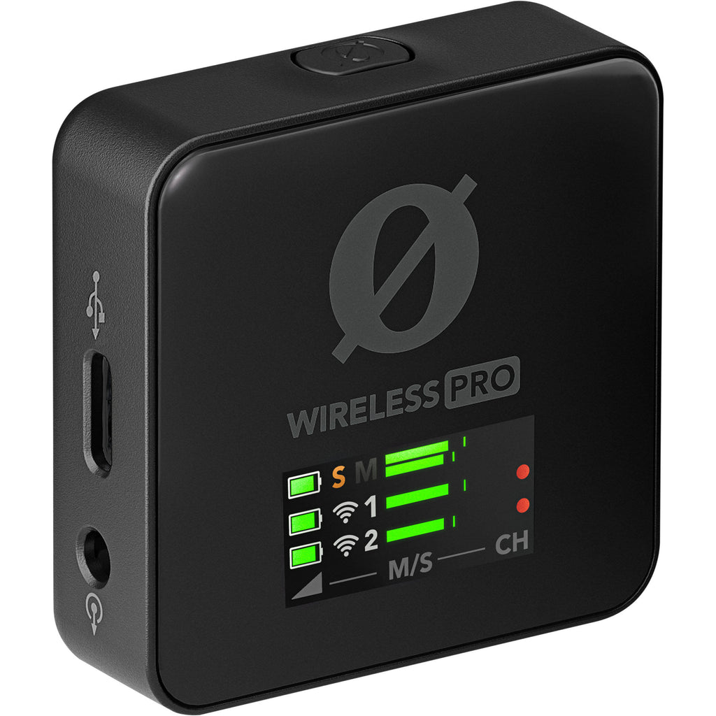 Rode Wireless PRO wireless microphone system, transmitter front with display