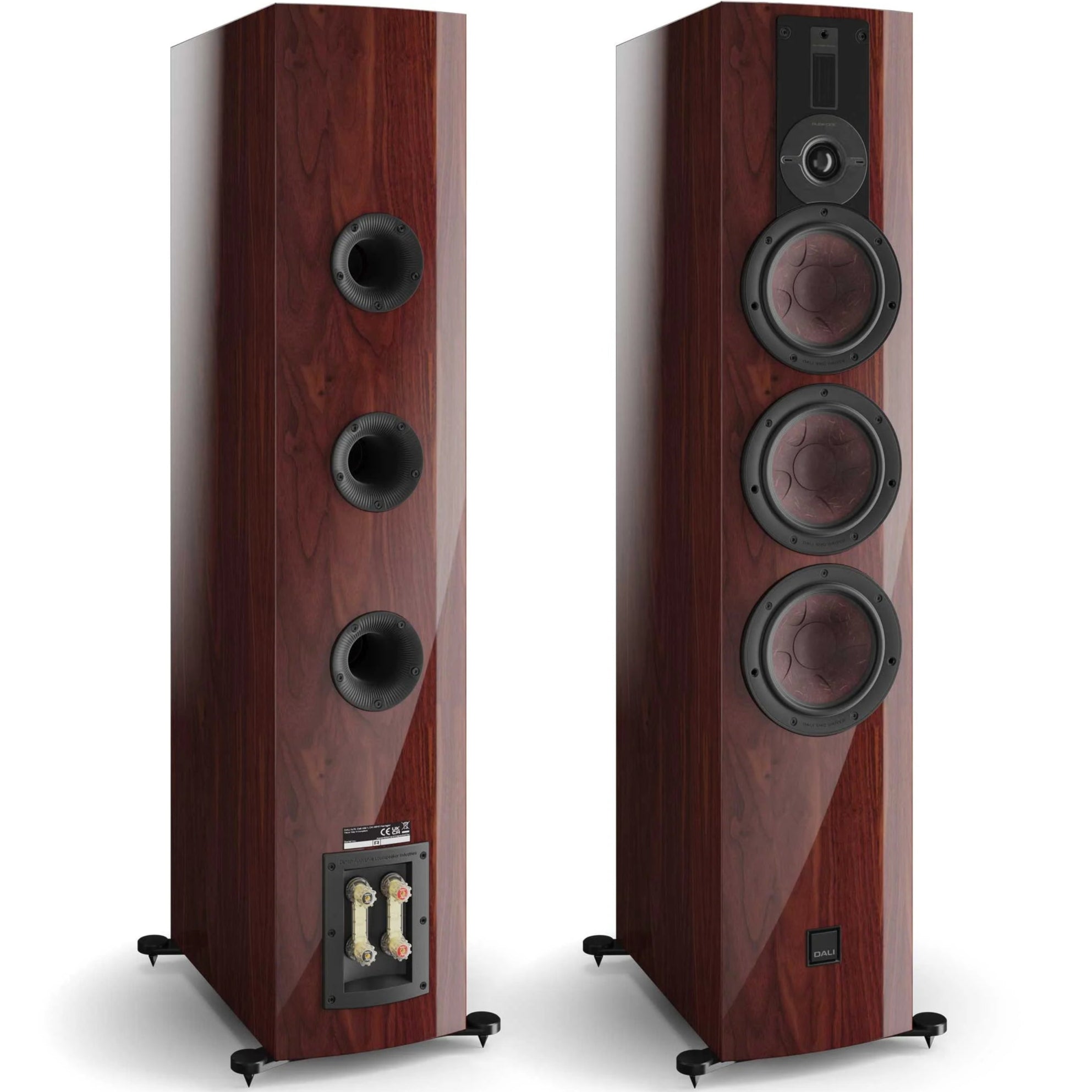 Maroon DALI Rubikore 8 passive floorstanding speakers with sleek design and modern finish.