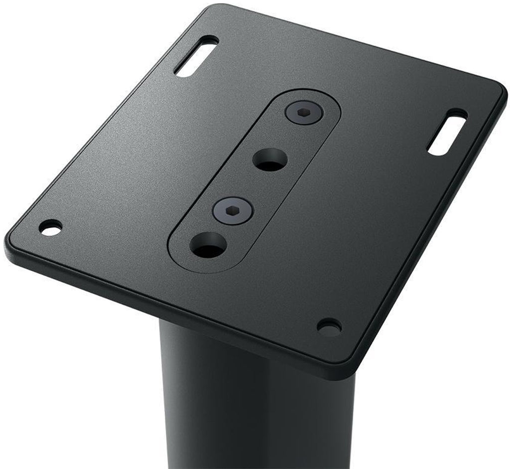 KEF S2 speaker stands in carbon black with top plate detail, designed to support KEF LS50 speakers.
