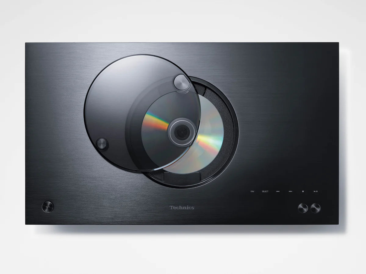 Technics SC-C70MK2 CD player with sleek black finish, compact design, and digital display showing disc tray and controls.