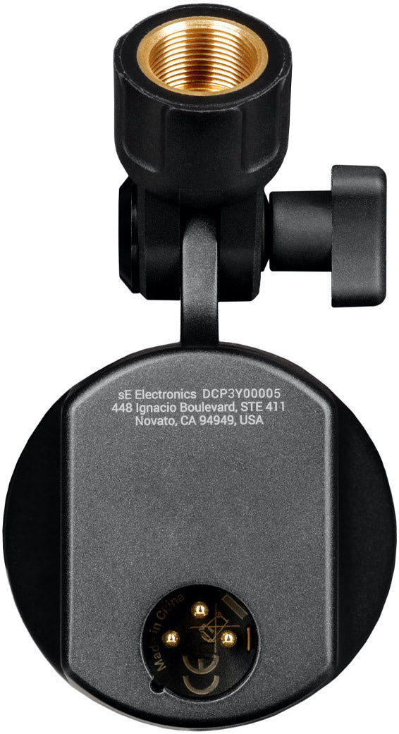 SE Electronics The DynaCaster DCM3 dynamic microphone shown from the bottom, highlighting its sturdy build and professional design.