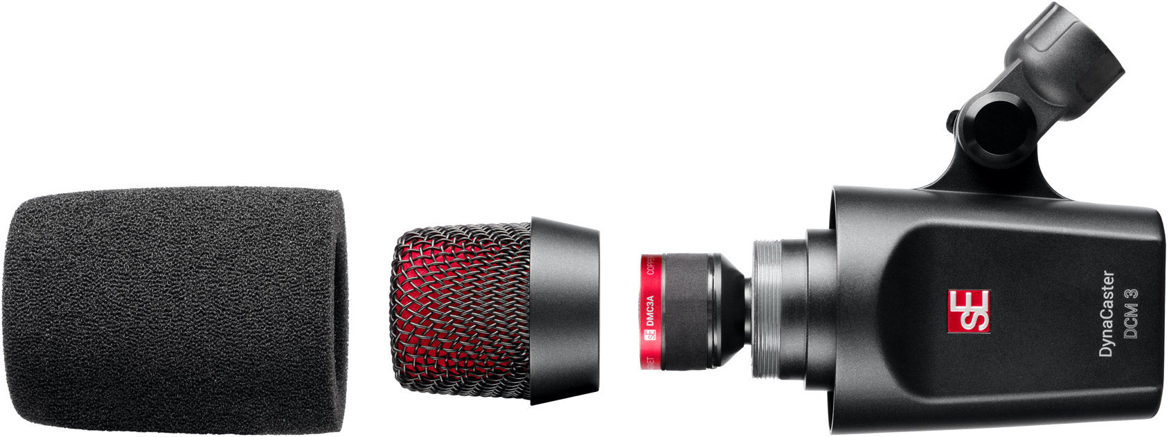 sE Electronics The DynaCaster DCM3 dynamic microphone with metal grille and black body, suitable for vocals and instruments.