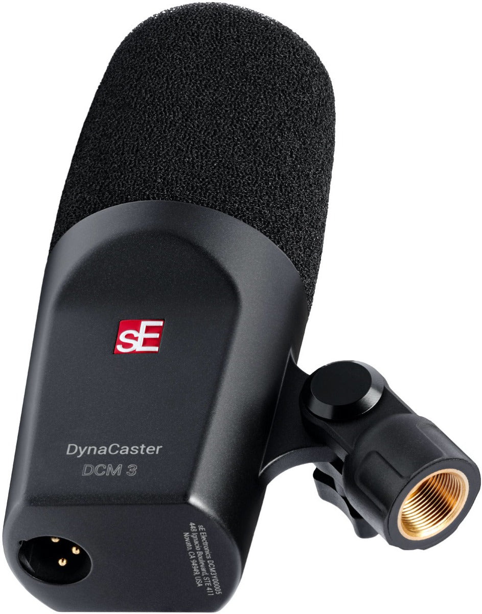 SE Electronics The DynaCaster DCM3 dynamic microphone with black finish and rugged build, ideal for live performances and studio use.