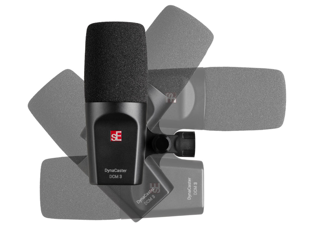 SE Electronics The DynaCaster DCM3 dynamic microphone with a black body and grille for professional audio recording and live sound.