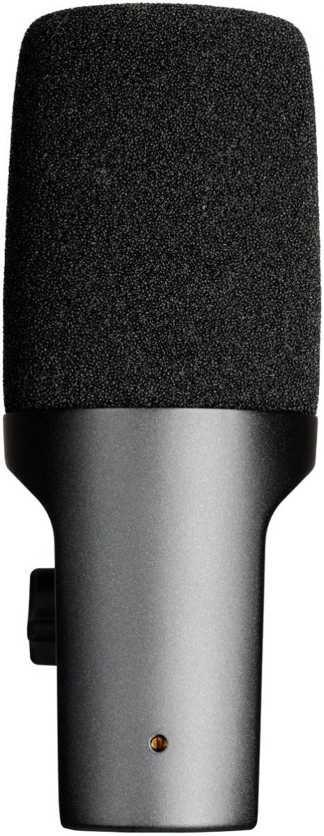 Side view of SE Electronics The DynaCaster DCM3 dynamic microphone showcasing its black body and grille design.