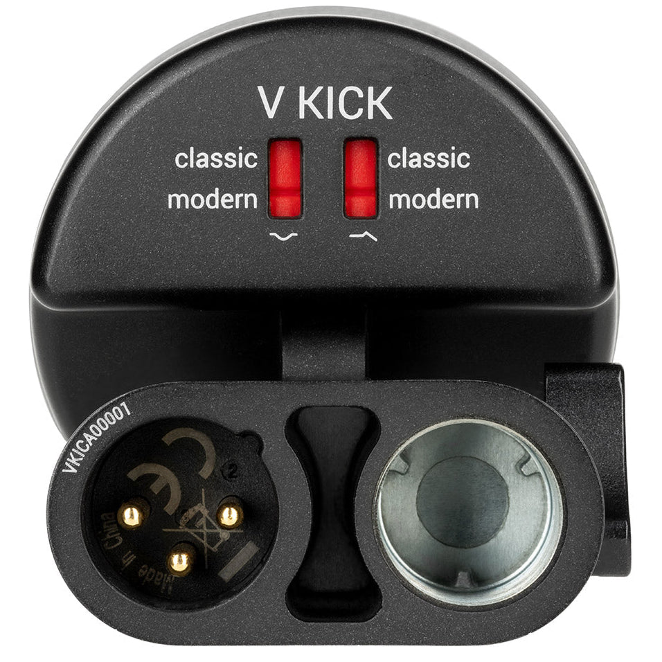 SE Electronics V KICK dynamic microphone shown, ideal for kick drum and percussion recording, with sturdy build and professional design.