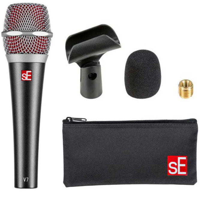 SE Electronics V7 dynamic microphone without switch, showing the black microphone with silver grille and compact design.