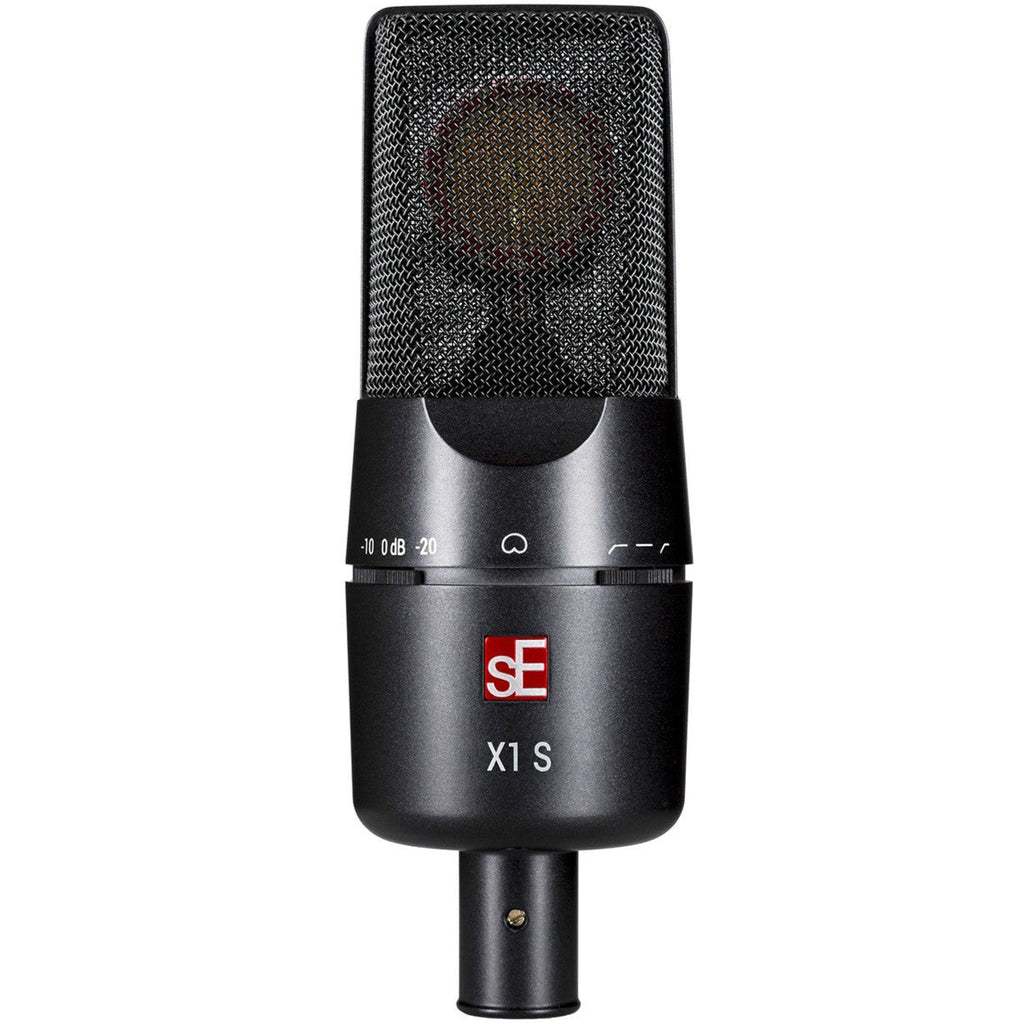 sE Electronics X1 S condenser microphone with a sleek black design and adjustable stand mount on a white background.