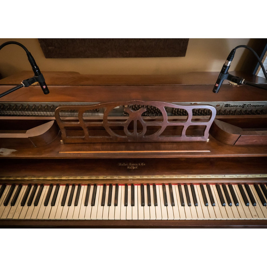 sE Electronics sE7 condenser microphone shown with its sleek black body and gold-plated grille, ideal for studio recording.