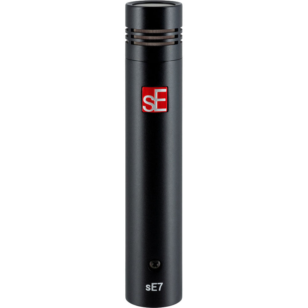Pair of sE Electronics sE7 condenser microphones showing their sleek black design and compact build for studio recording.