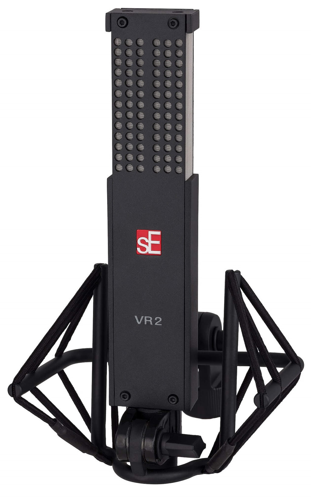 SE Electronics VR2 dynamic microphone with angle shock mount, shown from an angled perspective on a professional stand.